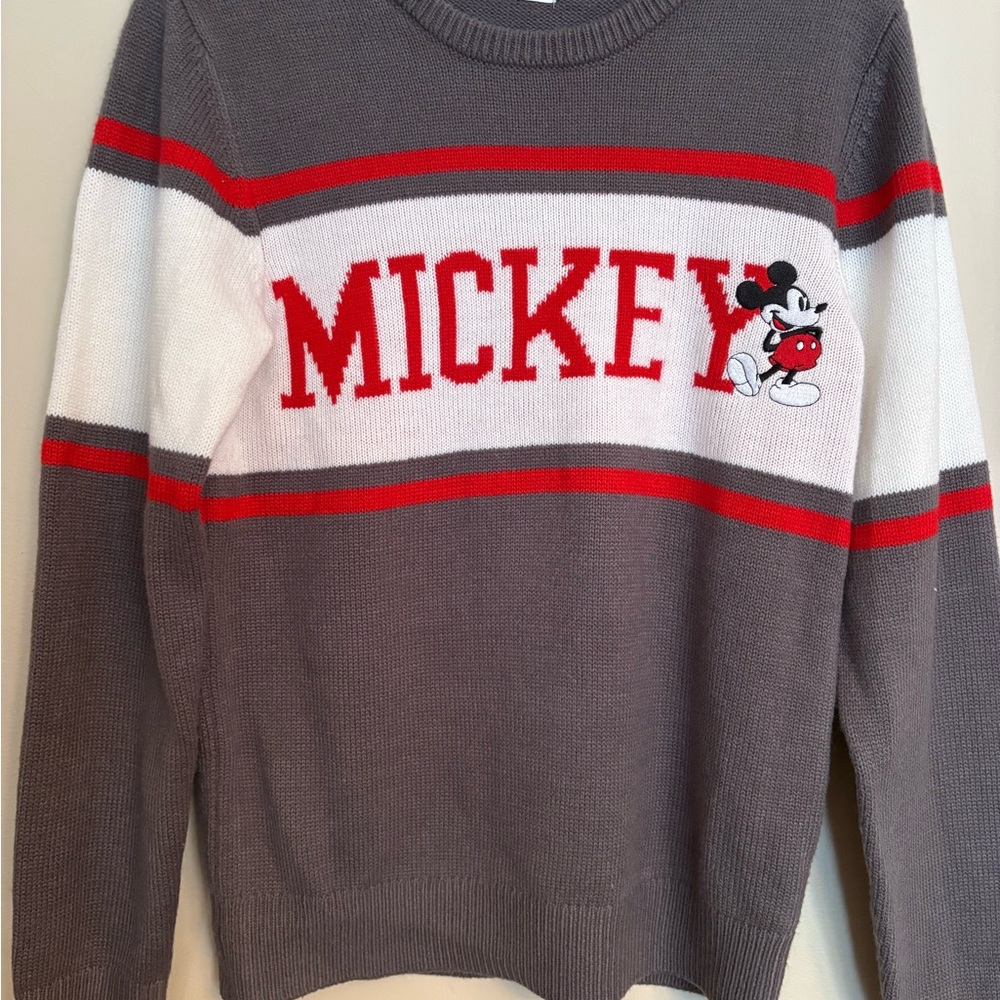 Disney Gray and Red Crew Neck Mickey Mouse Sweater